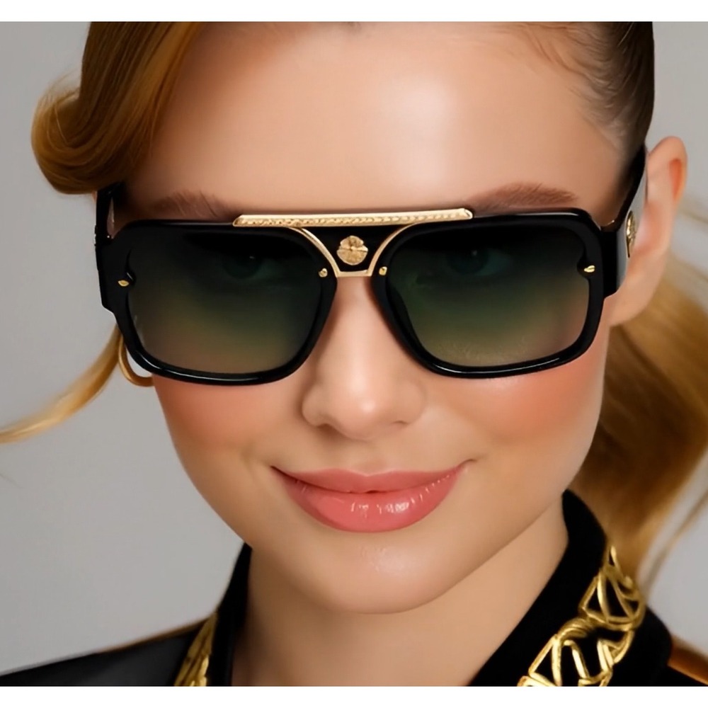 Square Aviator Sunglasses Accents Gold Women Black Frame Fashion Oversized Gafas - Picture 4 of 8